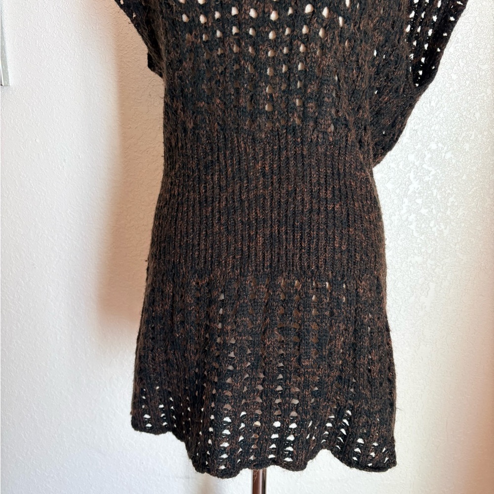 VTG y2k brown black cache chunky knit sweater short sleeve long top dress neck L - Picture 4 of 11